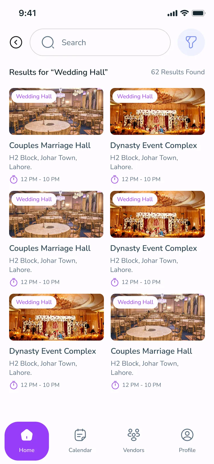 Search results for wedding halls — 62 results, each with a photo, location and opening hours.