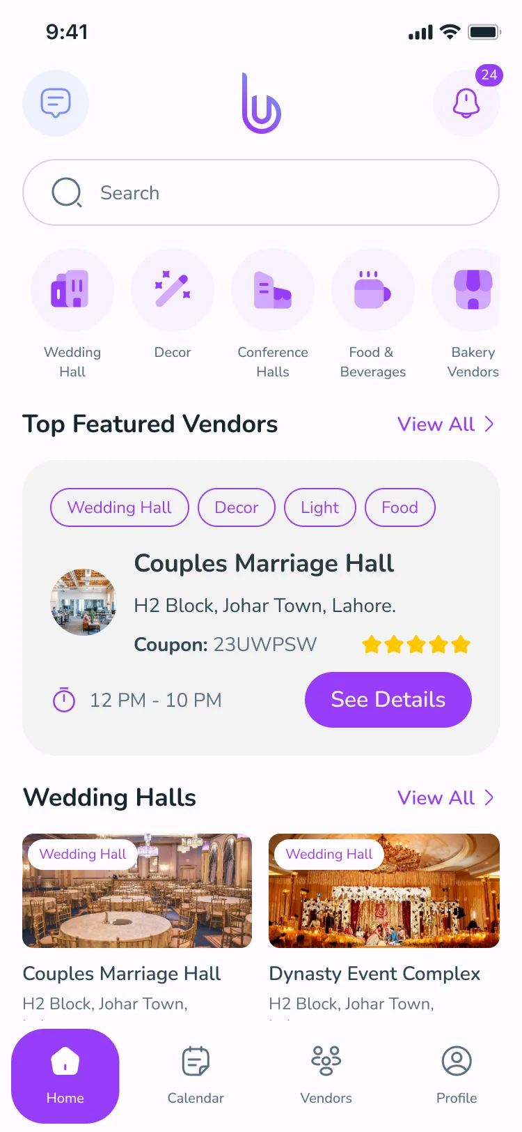Home screen with category shortcuts, a featured vendor carrying a coupon and rating, and wedding hall listings.
