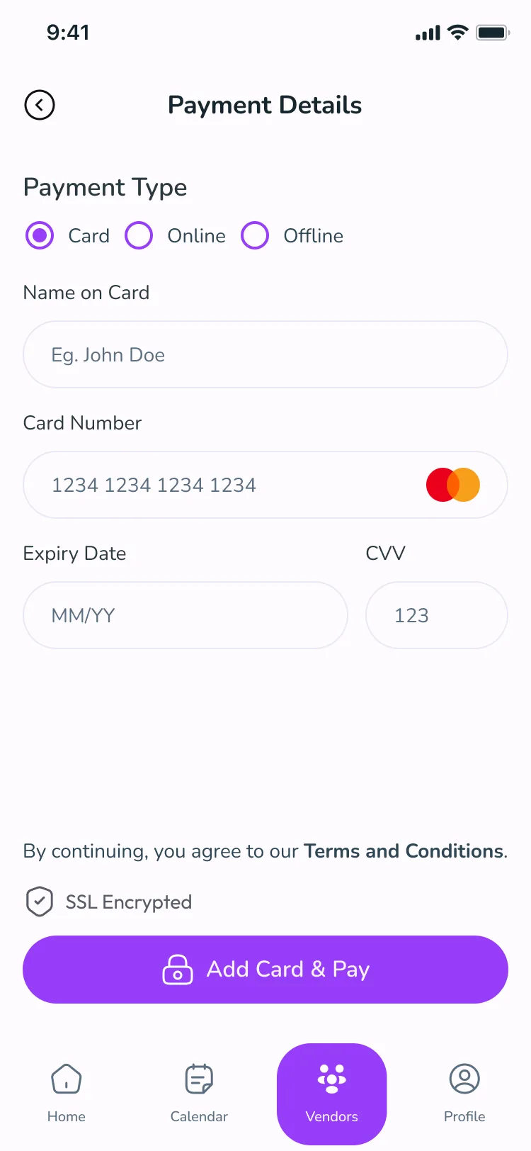 Payment screen with card, online and offline options, card details and an SSL-encrypted pay button.