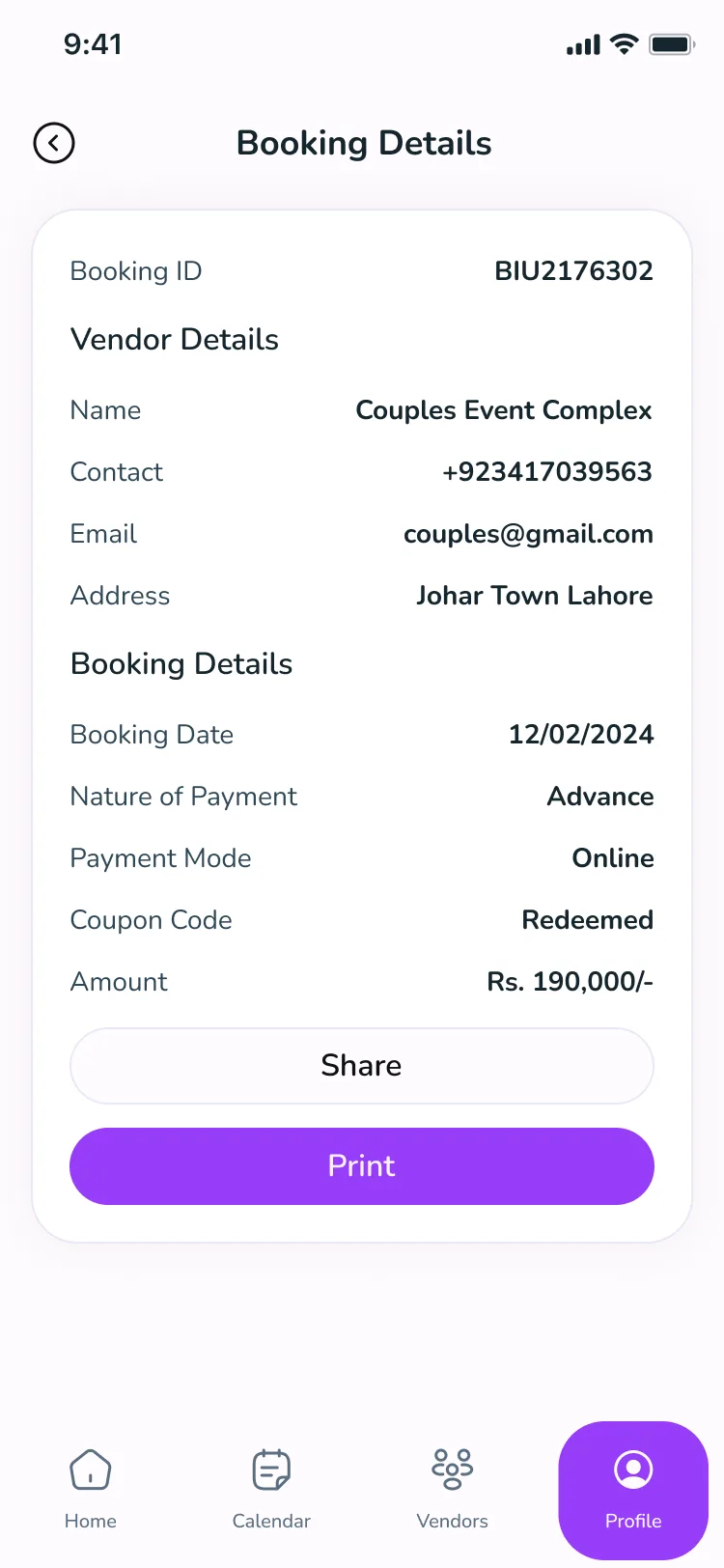Booking details: booking ID, vendor contact details, booking date, advance payment and the amount paid.