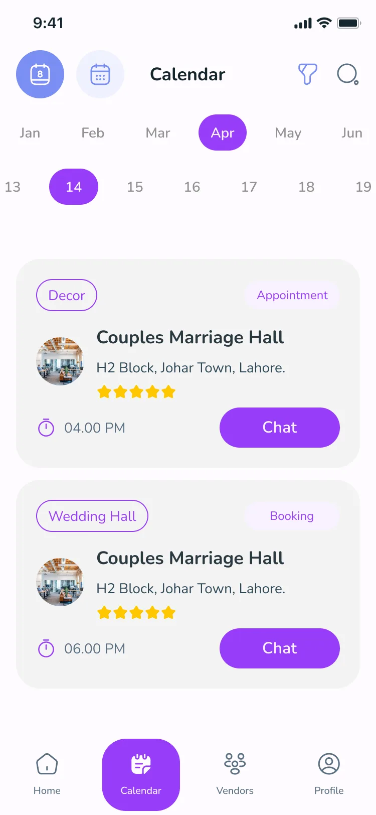 Calendar for April showing an appointment and a booking on the 14th, each with a chat button.