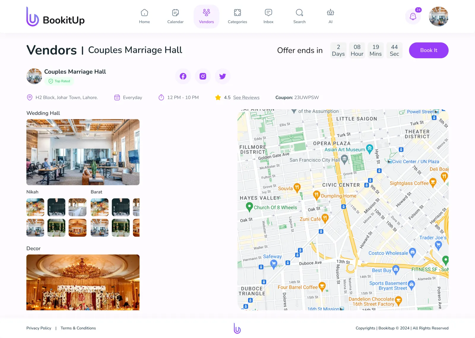 A vendor page on the web: Couples Marriage Hall, top rated, 4.5 stars, a coupon, a countdown to the offer ending, a Book It button, photo galleries and a map.
