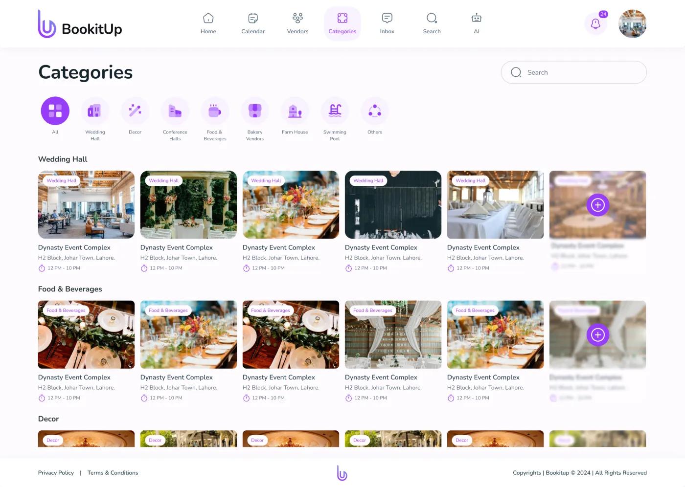 The categories screen: wedding halls, decor, conference halls, food and beverages, bakery, farm house and swimming pool, each with a row of vendor cards.