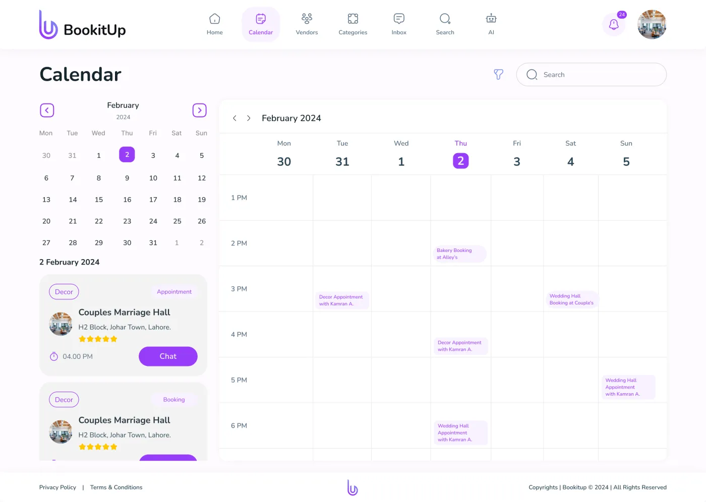 The calendar screen: a February week grid with decor appointments, a bakery booking and a wedding hall booking placed on the hours they fall.